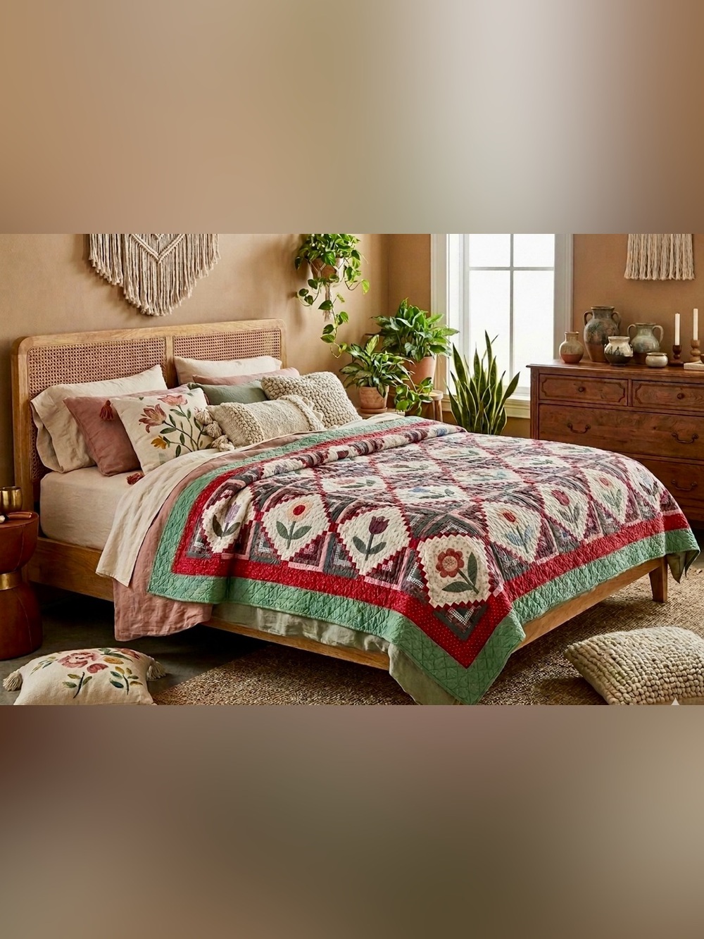 Rare Hand-Appliqued Tulip Patchwork Quilt- Queen Size